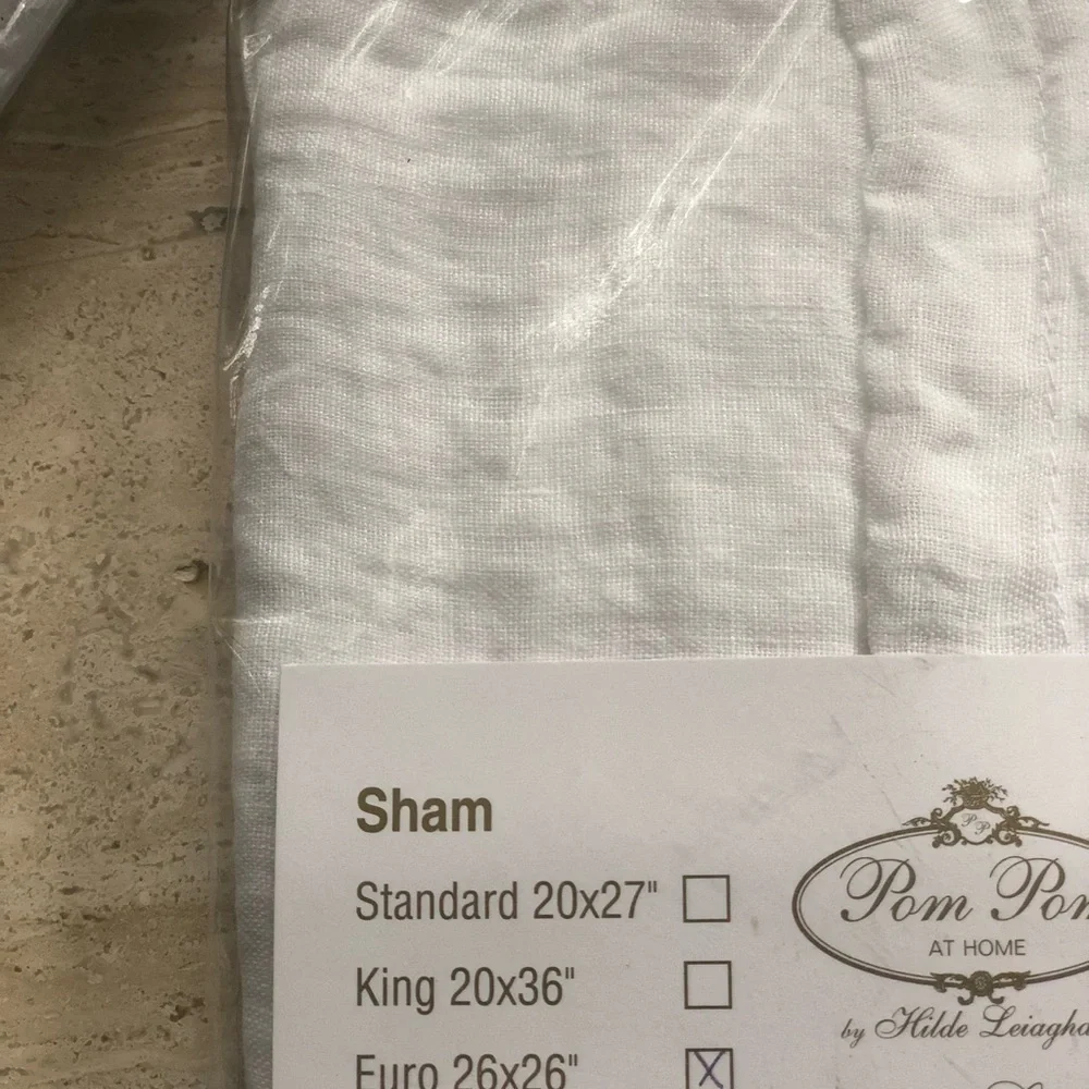 Pair Pom Pom at Home Cleo 100% LINEN EURO Shams - White/Taupe - NEW